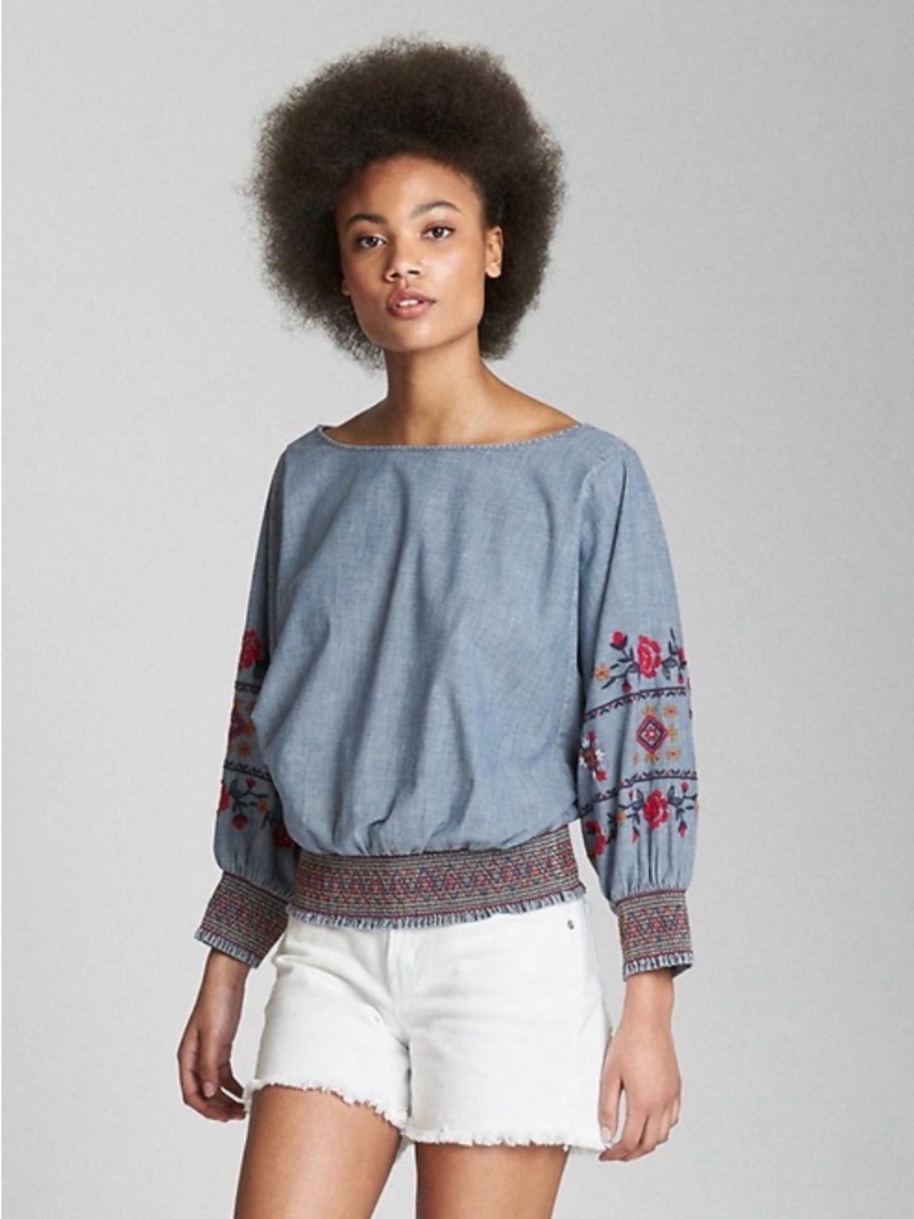 EUC, XS GAP Embroidered Chambray Peasant Top - Blue